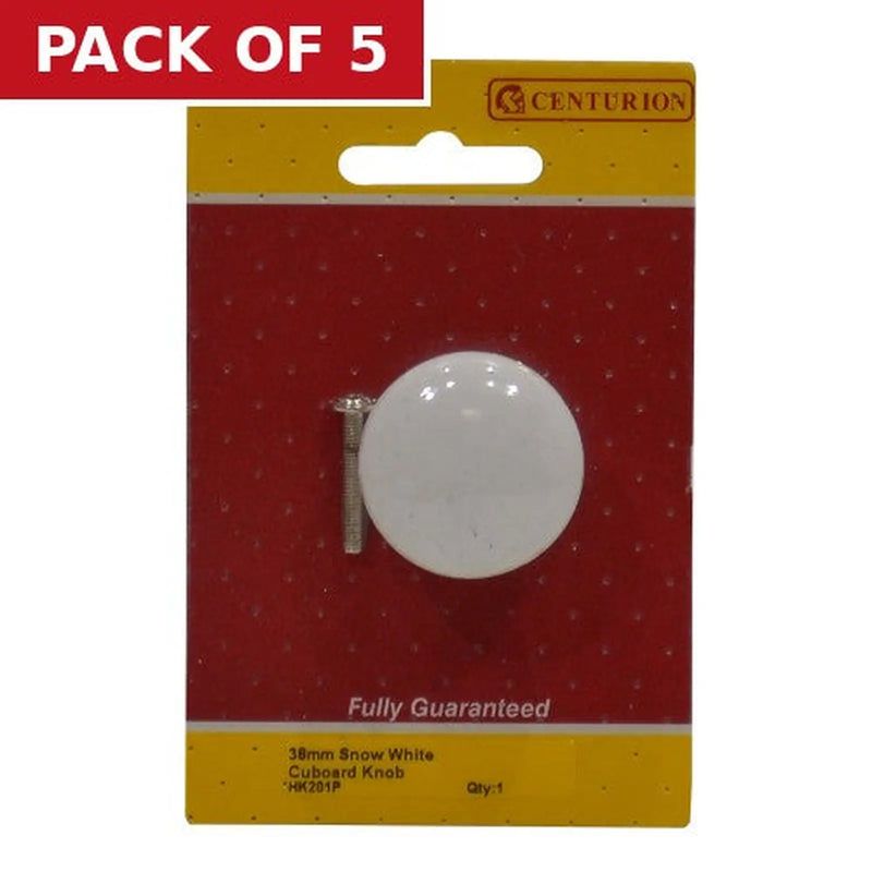 Centurion Porcelain Cupboard and Wardrobe Knobs, White, 38mm Dia. - Pack of 5