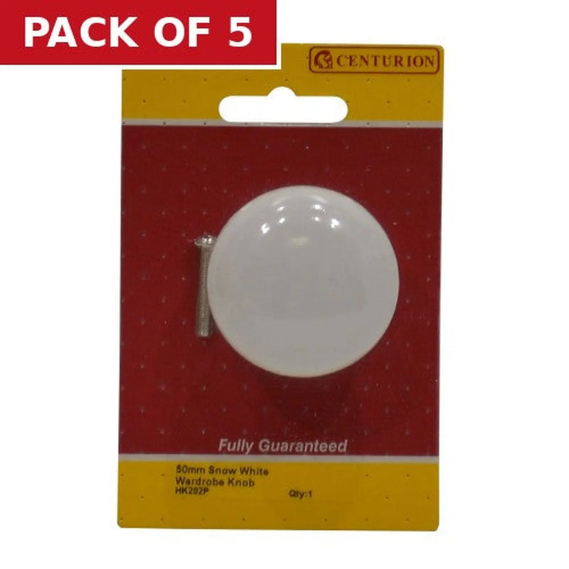 Centurion Porcelain Cupboard and Wardrobe Knobs, White, 50mm Dia. - Pack of 5