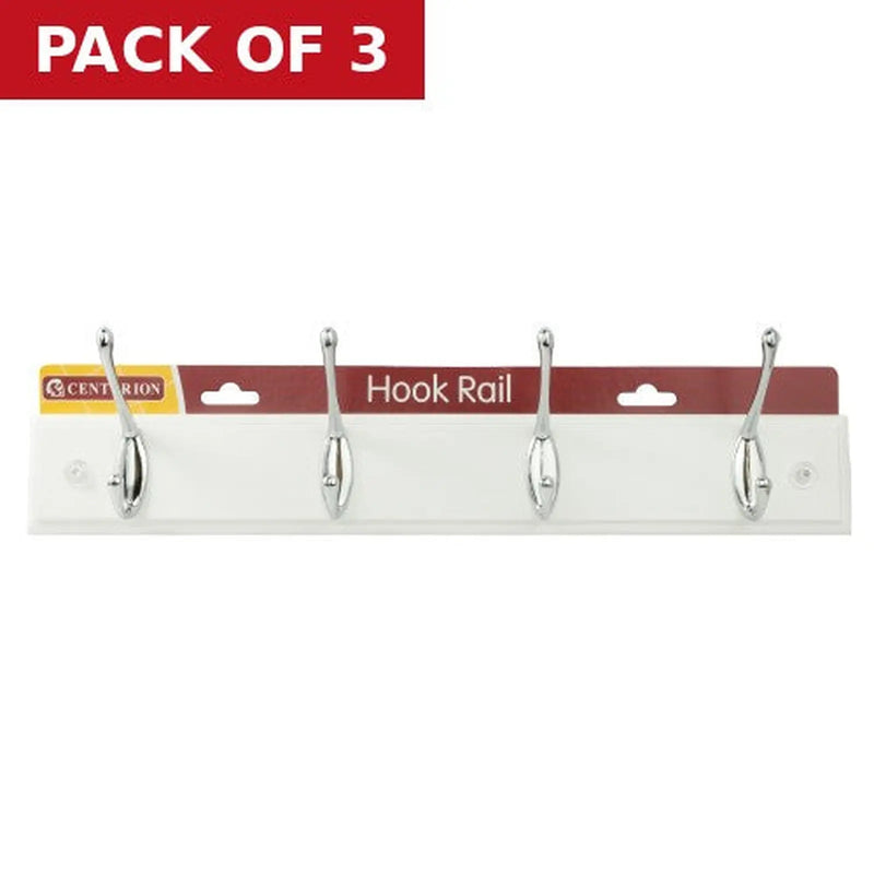 Centurion 4 Hook Standard Hook Rail - Chrome Plated Hooks - Solid White Board - Pack of 3