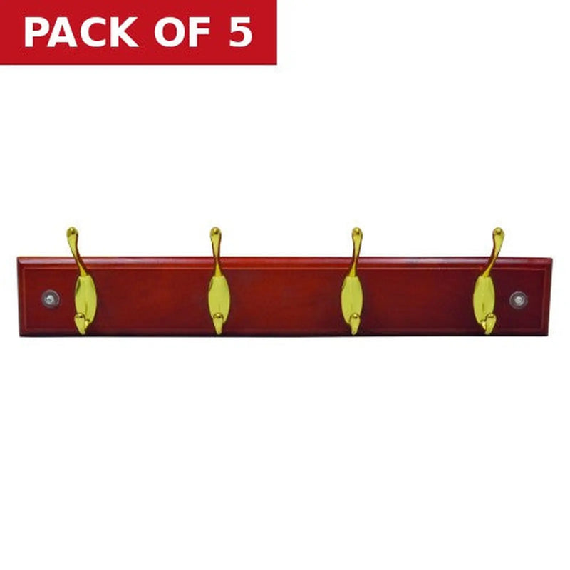 Centurion 4 Hook Standard Rail - Brass Hooks - Mahogany Board - Pack of 5