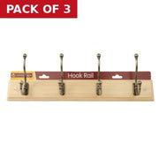 Centurion 4 Ball End Traditional Hook Rail - Antique Brass Hooks - Pine Board - Pack of 3