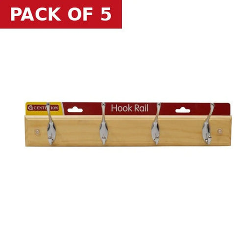 Centurion 4 Hook Standard Hook Rail - Chrome Plated Hooks - Pine Board - Pack of 5