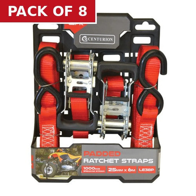 Centurion Padded Ratchet Tie Down - 1000kg Breaking Strength - 6m Length - - Pack of 8