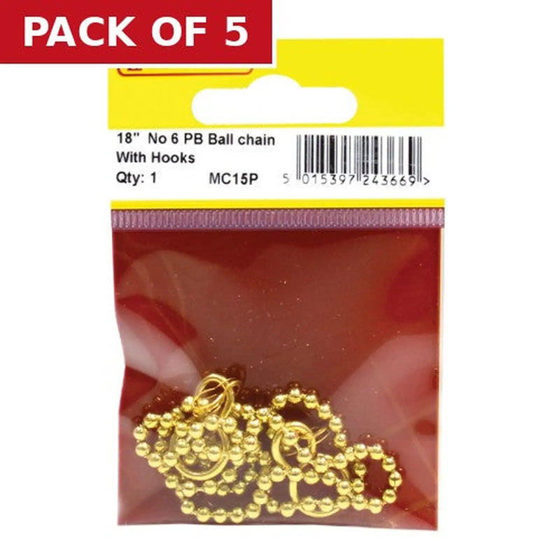 Centurion Sink Ball Chain With Hooks, Polished Brass, 450mm, No.6 - Pack of 5