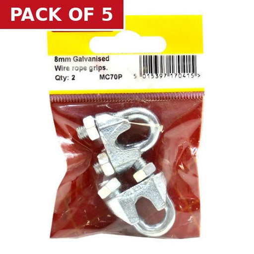 Centurion Steel Wire Rope Grips, Galvanised, 8mm - Pack of 5
