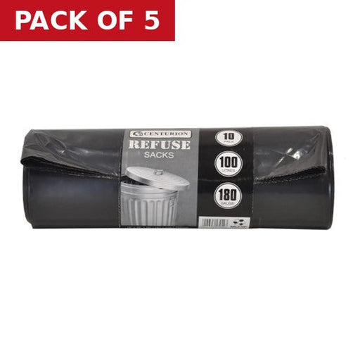Centurion Heavy Duty Refuse Sacks, Black, 100 Litre Capacity - Pack of 5