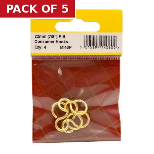 Centurion Solid Brass Consumer Hooks, Polished Brass, 22mm x 2mm - Pack of 5