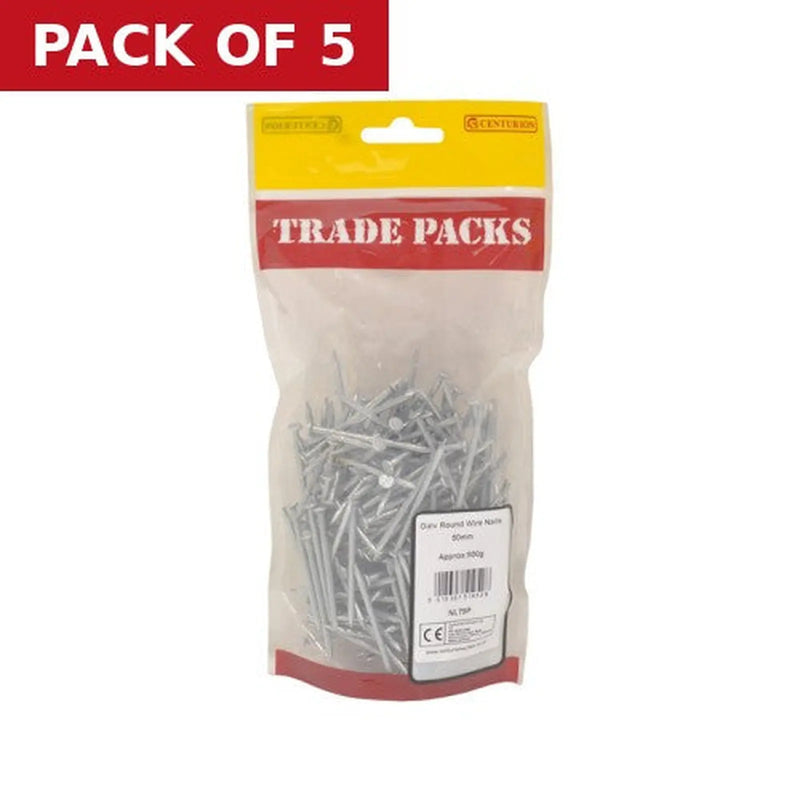 Centurion Round Wire Nails - Galvanised - 50mm - (500g Pack) - Pack of 5