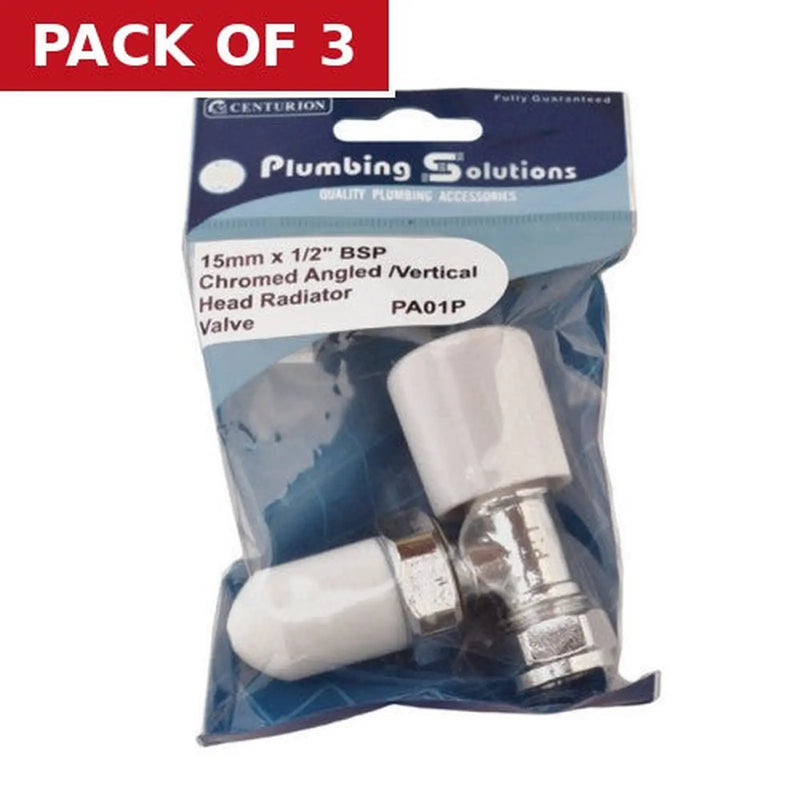 Centurion 15mm x 1/2" BSP Chromed Angled /Vertical Head Radiator Valve - Pack of 3