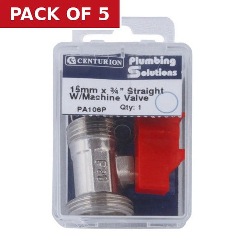 Centurion Straight 15mm x 3/4" BSP Appliance Stop Valve - Pack of 5