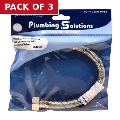 Centurion 15mm x 1/2" x 300mm Tap Connector with Isolating Valve - Pack of 3