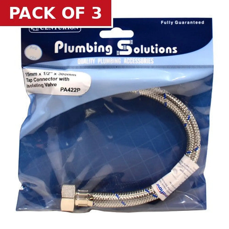 Centurion 15mm x 1/2" x 300mm Tap Connector with Isolating Valve - Pack of 3