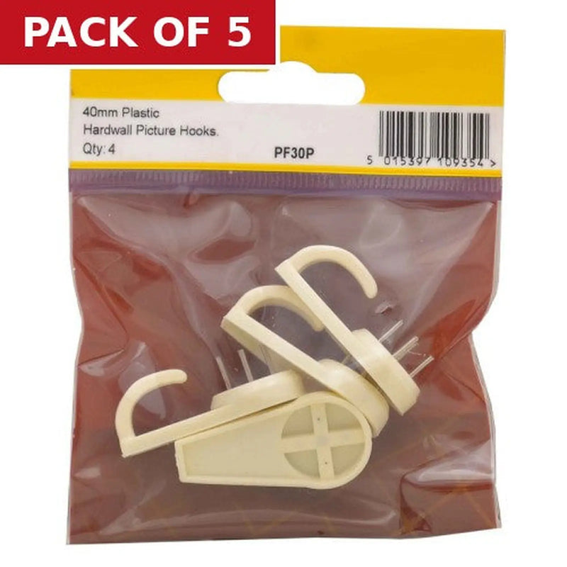 Centurion 40mm Plastic Hard Wall Picture Hooks (Pack of 4) - Pack of 5