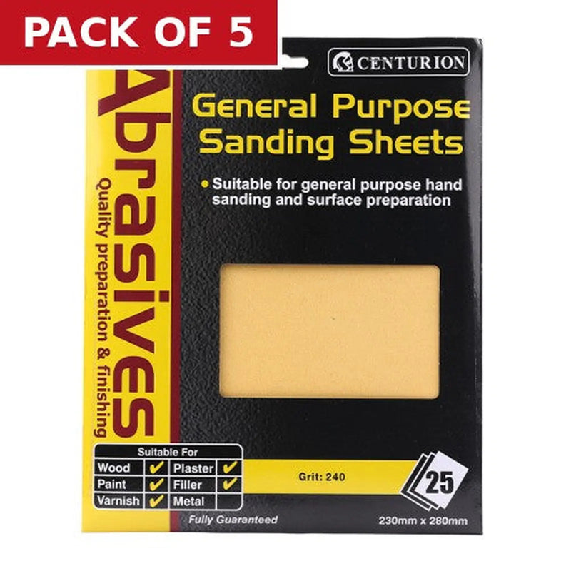 Centurion Abrasives Sandpaper Sheets, Extra Fine 00/240 Grit - Pack of 5
