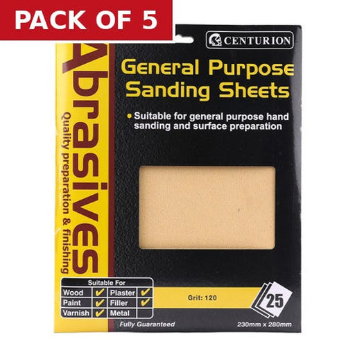 Centurion Abrasives Sandpaper Sheets, Medium 1/120 Grit - Pack of 5