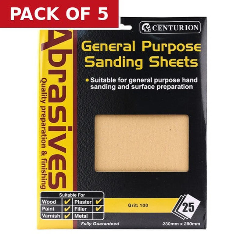 Centurion Abrasives Sandpaper Sheets, Medium 1½ / 100 grit - Pack of 5
