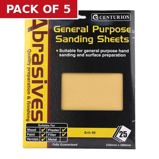 Centurion Abrasives Sandpaper Sheets, Coarse F2 / 80 grit - Pack of 5