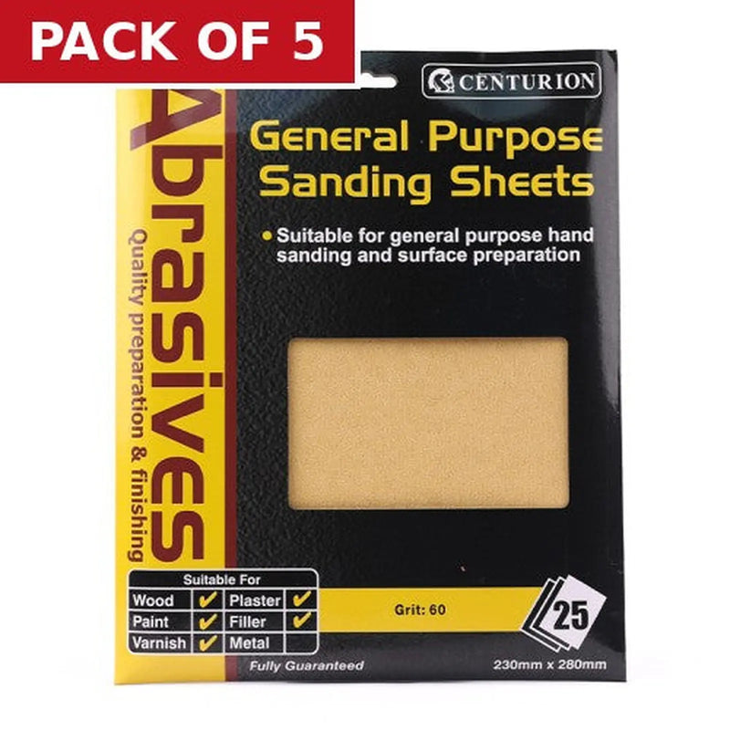 Centurion Abrasives Sandpaper Sheets, Coarse M2 / 60 grit - Pack of 5