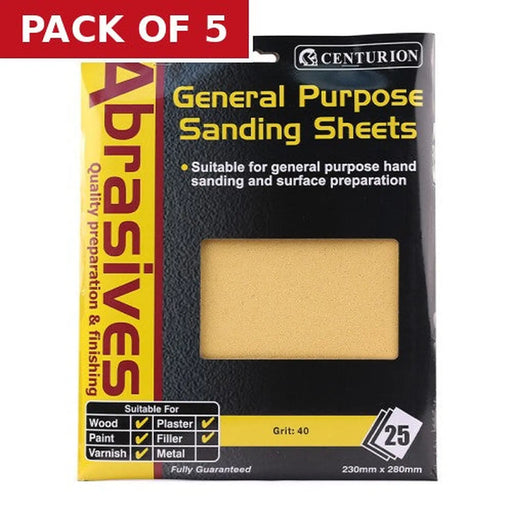 Centurion Abrasives Sandpaper Sheets, Extra Coarse 2½  / 40 Grit - Pack of 5