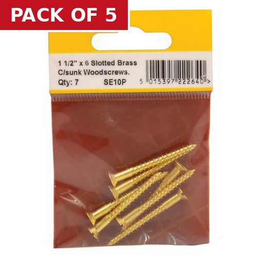 Centurion 1 1/2" x 6 Slotted Brass Woodscrew - Countersunk Head - (Pack of 7) - Pack of 5