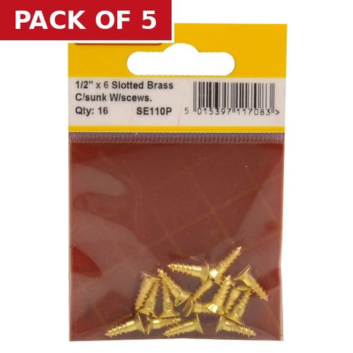 Centurion 1/2" x 6 Slotted Brass Woodscrew - Countersunk Head - (Pack of 16) - Pack of 5