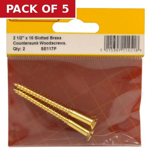Centurion 2 1/2" x 10 Slotted Brass Woodscrew - Countersunk Head - (Pack of 2) - Pack of 5