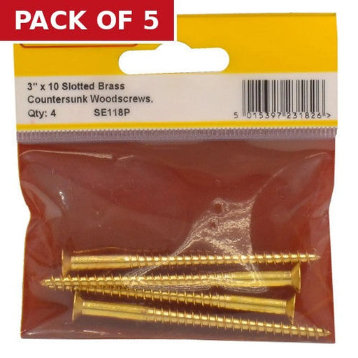 Centurion 3" x 10 Slotted Brass Woodscrew - Countersunk Head - (Pack of 4) - Pack of 5