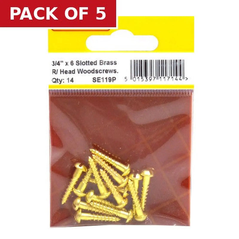 Centurion 3/4" x 6 Slotted Round Head Woodscrew - Solid Brass - (Pack of 14) - Pack of 5