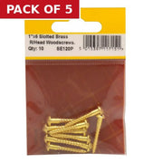 Centurion 1" x 6 Slotted Round Head Woodscrew - Solid Brass - (Pack of 10) - Pack of 5
