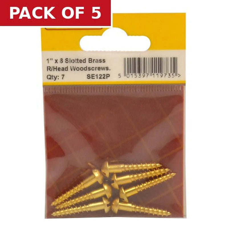 Centurion 1" x 8 Slotted Round Head Woodscrew - Solid Brass - (Pack of 7) - Pack of 5