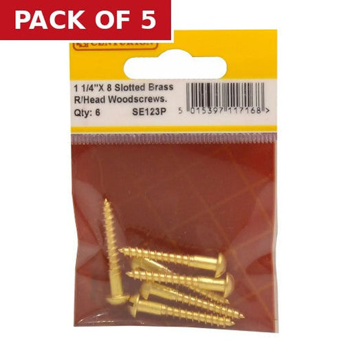 Centurion 1 1/4" x 8 Slotted Round Head Woodscrew - Solid Brass - (Pack of 6) - Pack of 5