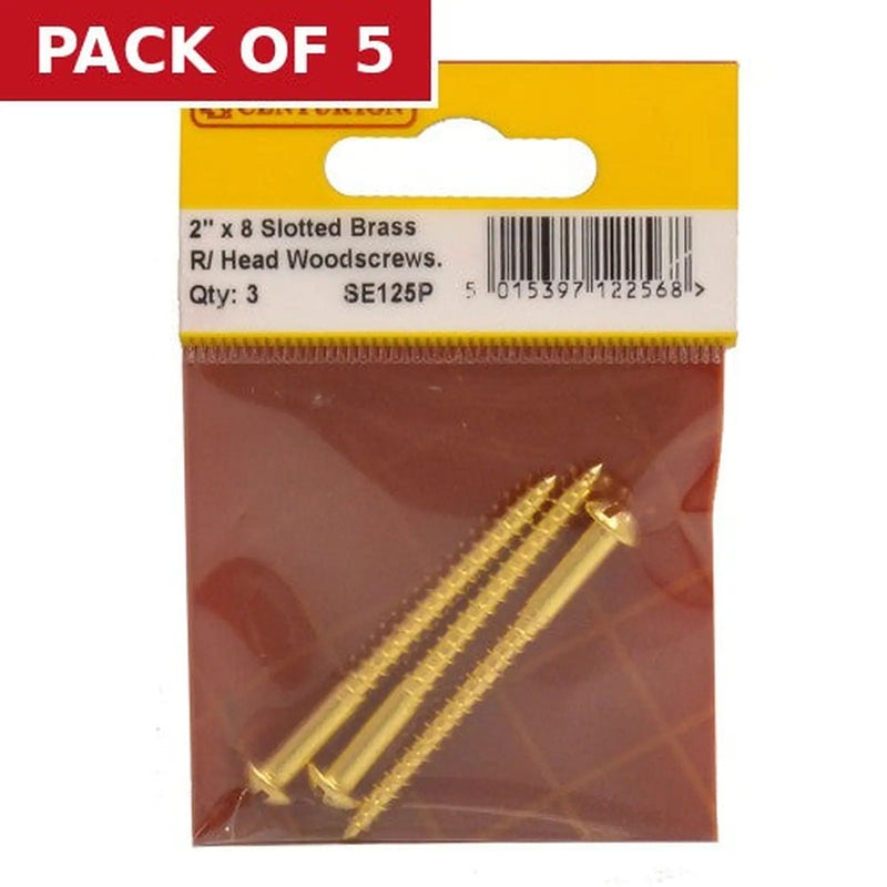 Centurion 2" x 8 Slotted Round Head Woodscrew - Solid Brass - (Pack of 3) - Pack of 5