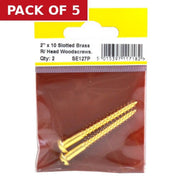 Centurion 2" x 10 Slotted Round Head Woodscrew - Solid Brass - (Pack of 2) - Pack of 5