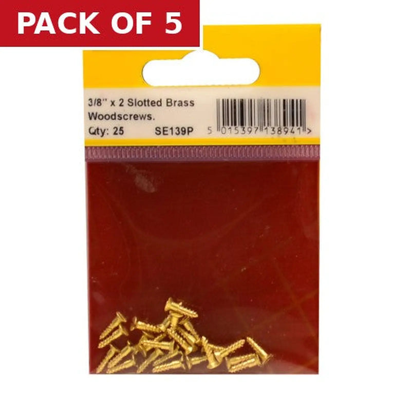 Centurion 3/8" x 2 Slotted Brass Woodscrew - Countersunk Head - (Pack of 25) - Pack of 5