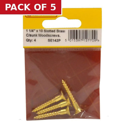 Centurion 1 1/4" x 10 Slotted Brass Woodscrew - Countersunk Head - (Pack of 4) - Pack of 5
