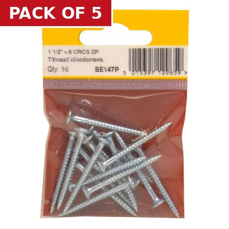 Centurion 1 1/2" x 6 ZP Cross Recessed Hardened Twin Thread Woodscrews with - Pack of 5
