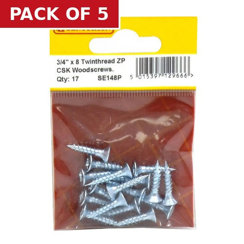 Centurion 3/4" x 8 ZP Cross Recessed Hardened Twin Thread Woodscrews with - Pack of 5