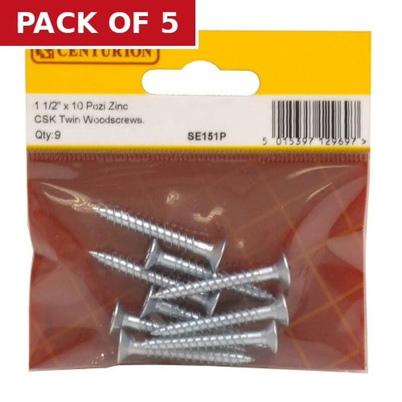 Centurion 1 1/2" x 10 ZP Cross Recessed Hardened Twin Thread Woodscrews with - Pack of 5