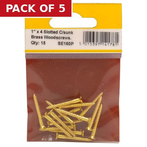 Centurion 1" x 4 Slotted Brass Woodscrew - Countersunk Head - (Pack of 15) - Pack of 5