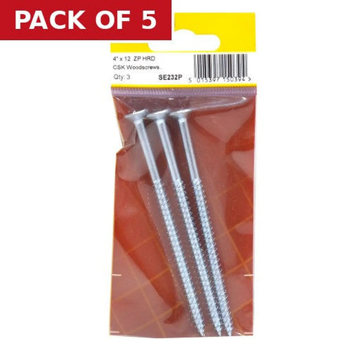 Centurion 4" x 12 ZP Cross Recessed Hardened Twin Thread Woodscrews with - Pack of 5