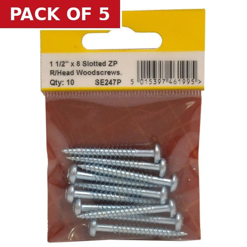 Centurion 1 1/2" x 8 ZP Round Head Woodscrews (Pack of 10) - Pack of 5