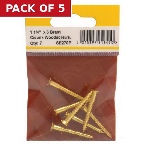 Centurion 1 1/4" x 6 Slotted Brass Woodscrew - Countersunk Head - (Pack of 7) - Pack of 5