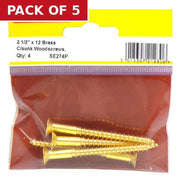 Centurion 2 1/2" x 12 Slotted Brass Woodscrew - Countersunk Head - (Pack of 4) - Pack of 5