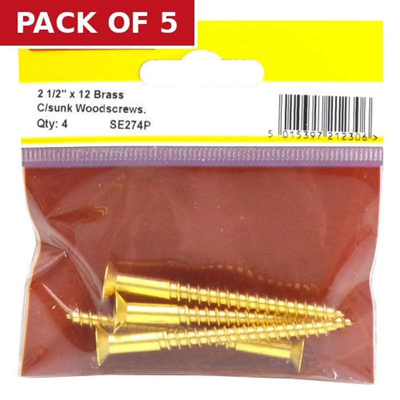 Centurion 2 1/2" x 12 Slotted Brass Woodscrew - Countersunk Head - (Pack of 4) - Pack of 5