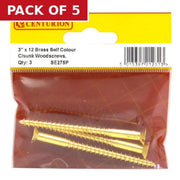 Centurion 3" x 12 Slotted Brass Woodscrew - Countersunk Head - (Pack of 3) - Pack of 5