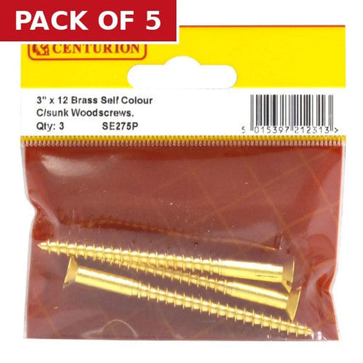 Centurion 3" x 12 Slotted Brass Woodscrew - Countersunk Head - (Pack of 3) - Pack of 5