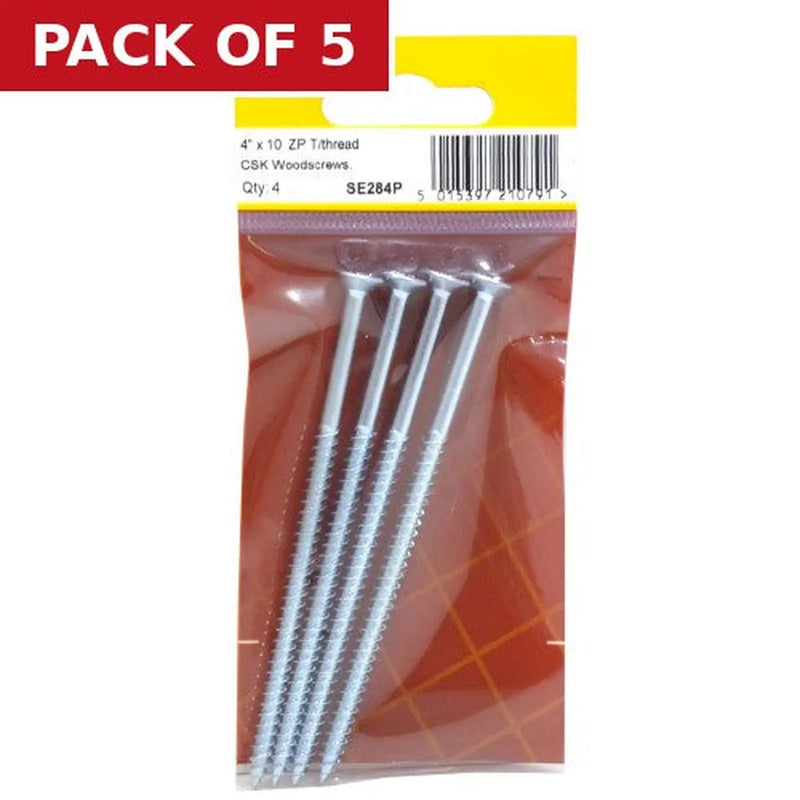 Centurion 4" x 10 ZP Cross Recessed Hardened Twin Thread Woodscrews with - Pack of 5