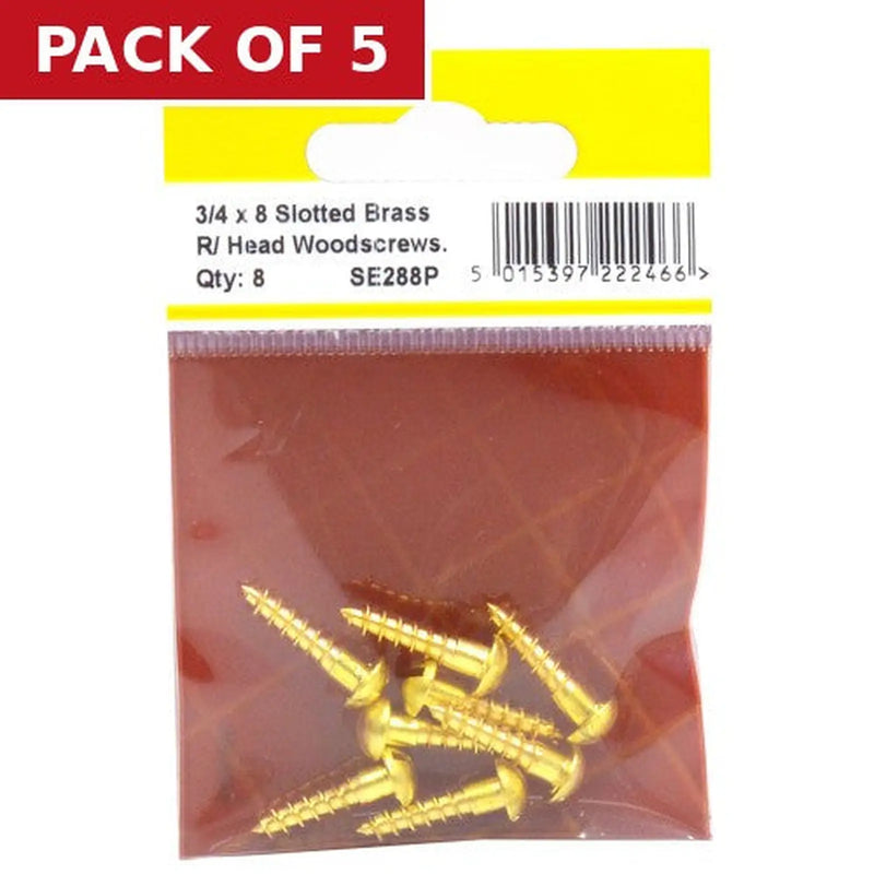 Centurion 3/4" x 8 Slotted Round Head Woodscrew - Solid Brass - (Pack of 8) - Pack of 5