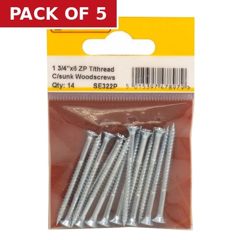 Centurion 1 3/4" x 6 ZP Cross Recessed Hardened Twin Thread Woodscrews with - Pack of 5