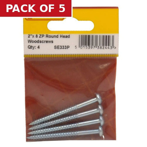 Centurion 2" x 8 ZP Round Head Woodscrews (Pack of 4) - Pack of 5